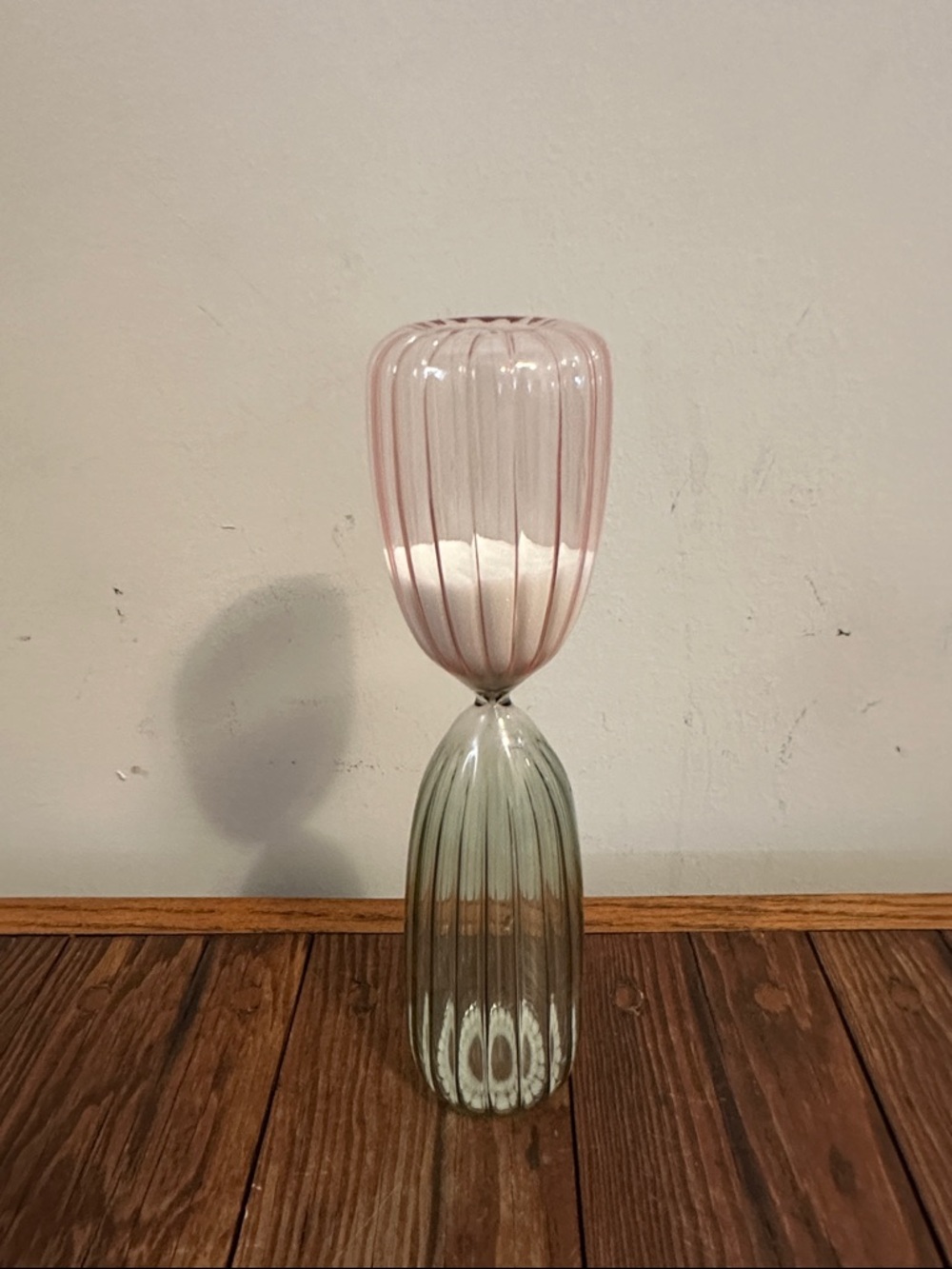 Two-Tone Blush Pink and Sage Ribbed Glass Hourglass Accent